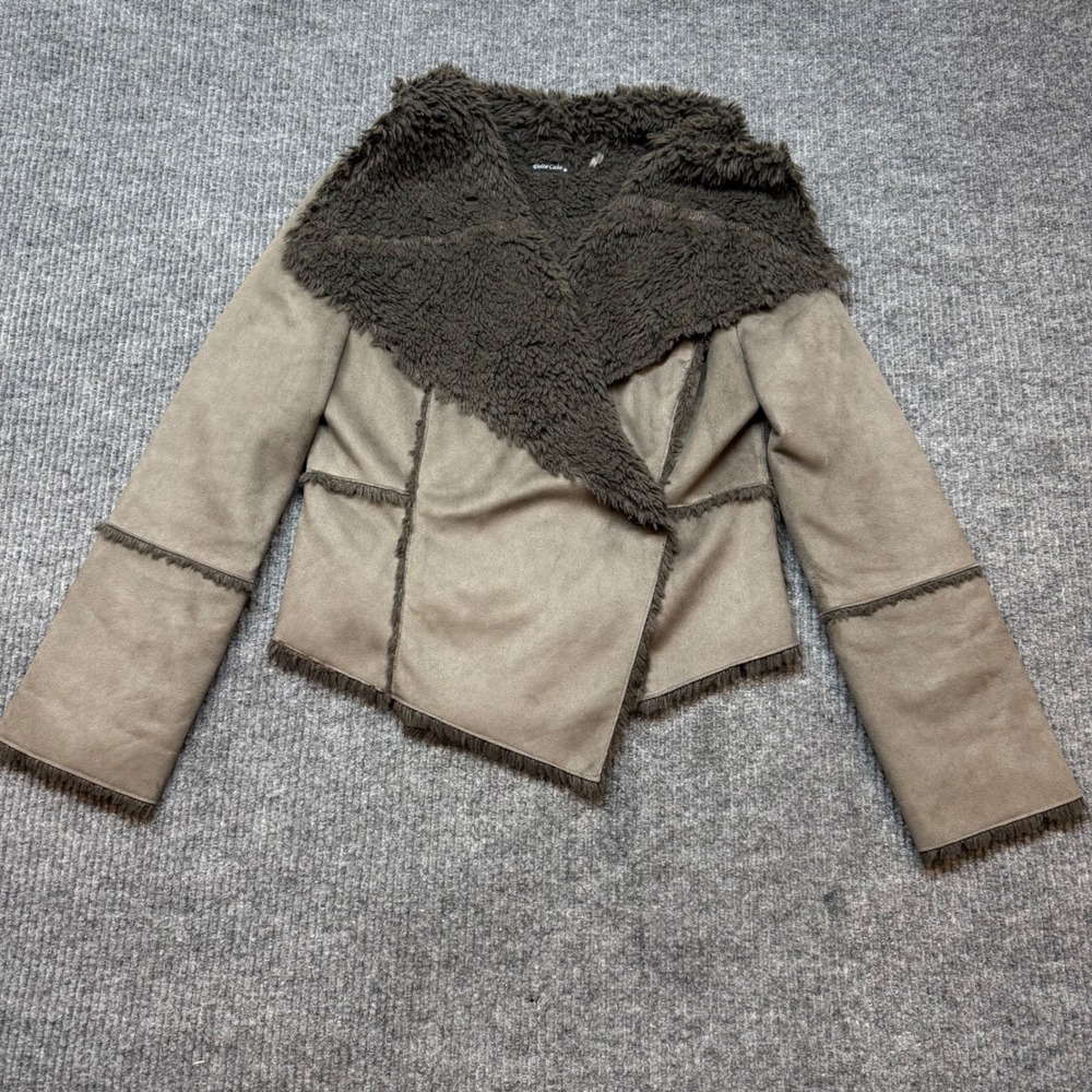Dolce Cabo Faux Fur Waterfall Jacket Small Taupe Brown Draped Open‎ Front